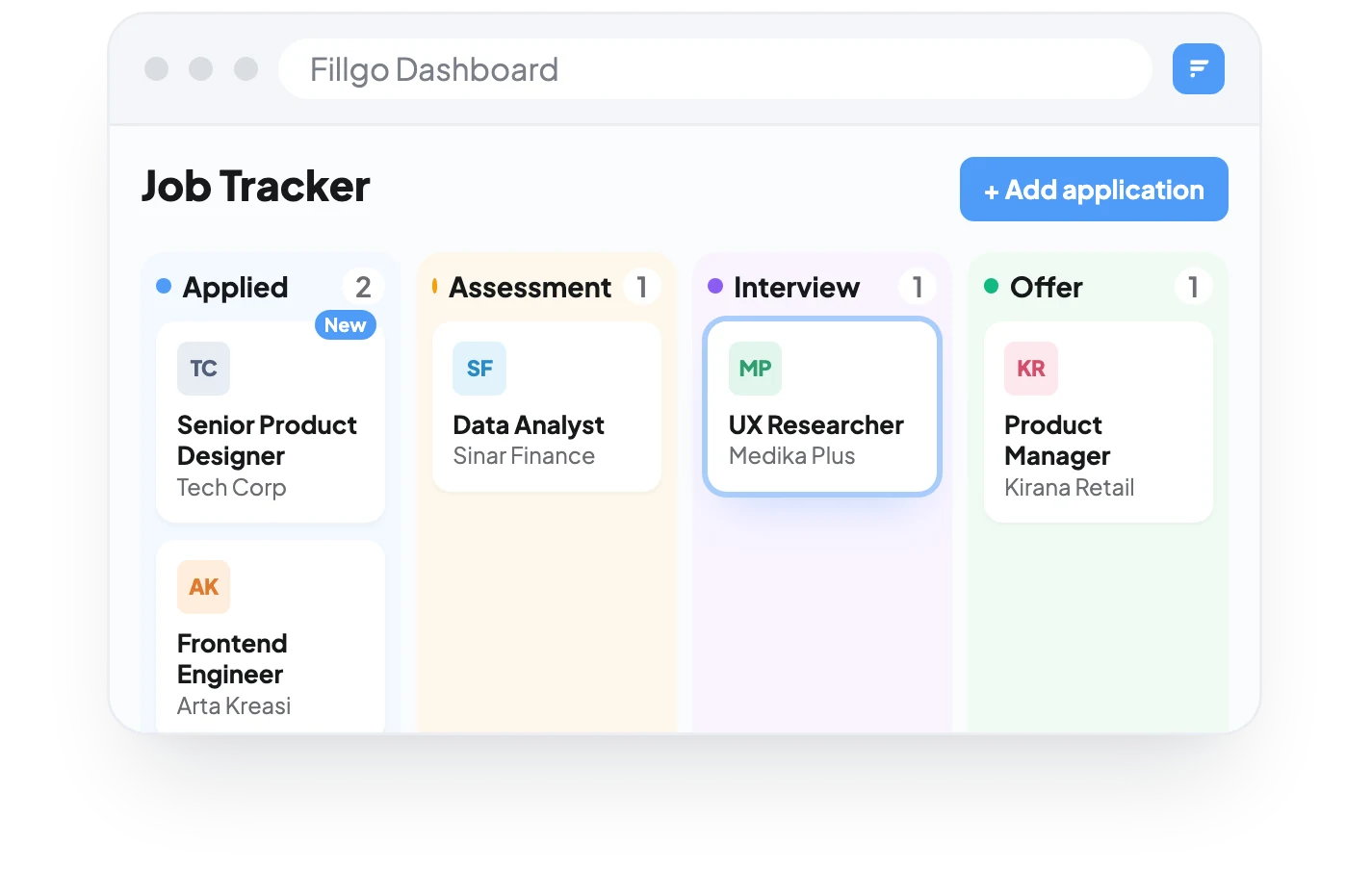 Fillgo Job Tracker board with Applied, Assessment, Interview and Offer columns